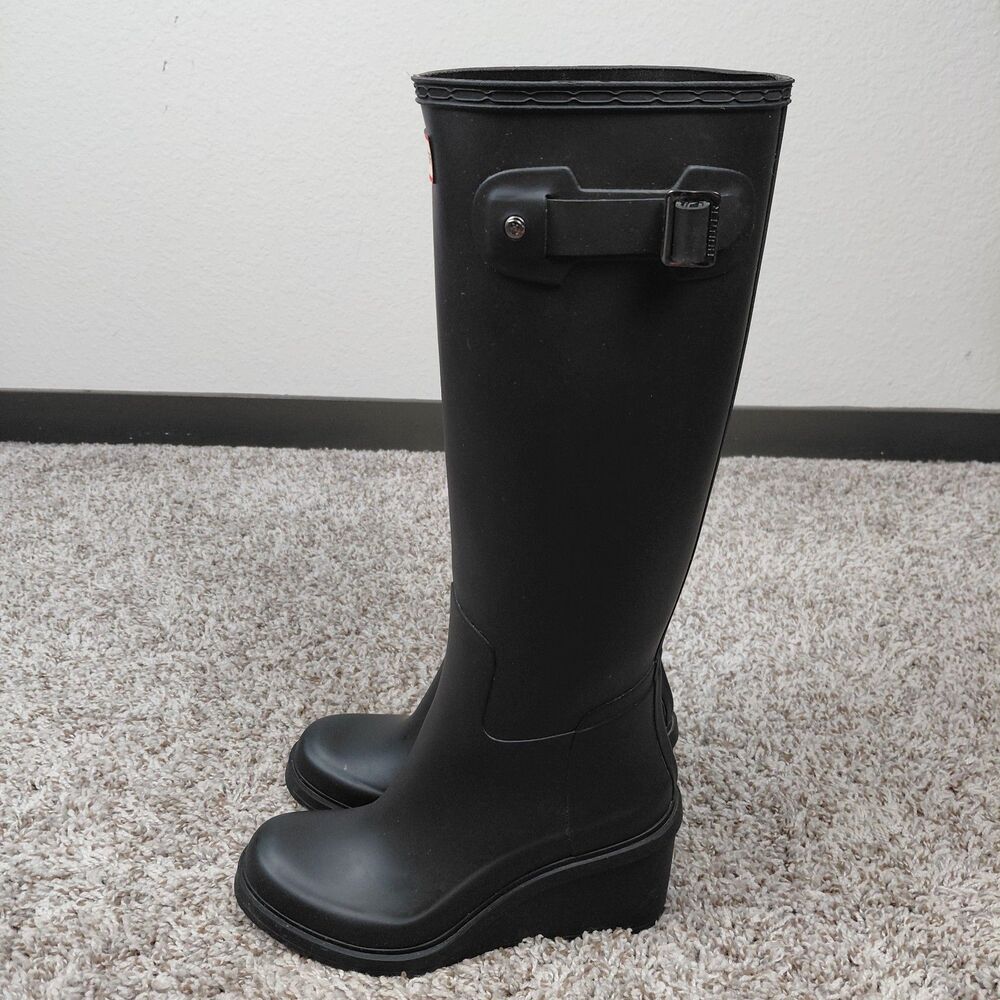 Hunter Original Refined Mid Wedge Tall Boots Womens 8 Black Rain Ourdoor - Picture 2 of 9
